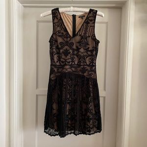 Warehouse black lace overlay & nude, pleat dress